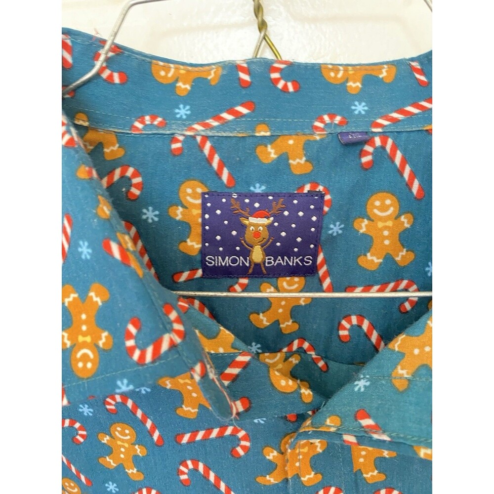 Simon Banks Men’s Christmas Shirt green gingerbread men Candy CaneXL long sleeve - Picture 2 of 4
